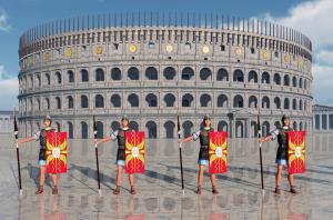 Legionaries and Colosseum in ancient Rome Computer generated 3D illustration