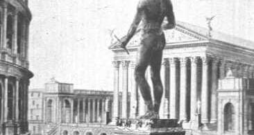A drawing of the Colossus of Nero standing next to the Colosseum.