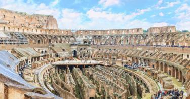 Aerial panoramic view inside the Great Roman Colosseum