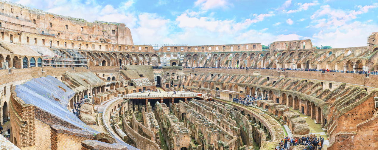 Aerial panoramic view inside the Great Roman Colosseum
