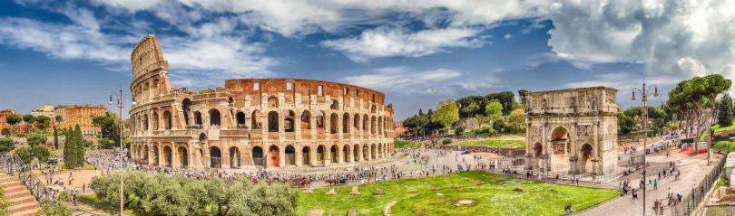 Panoramic aerial view of the Colosseum and Arch of Constantine