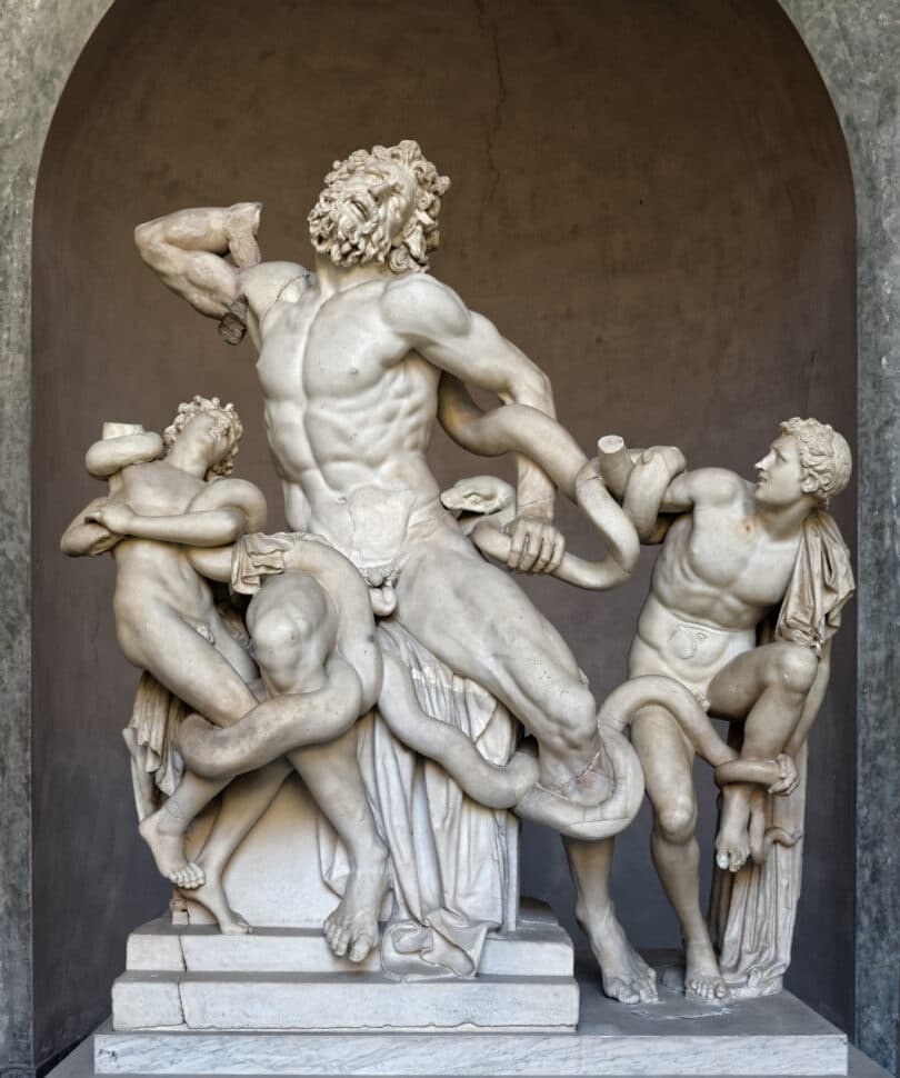 Ancient statue of Laocoon and his Sons in Vatican, Italy. The Trojan Laocoon was strangled by sea snakes with his two sons