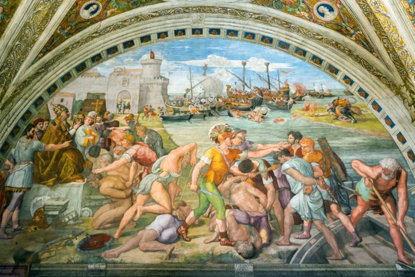 Battle of Ostia. The fresco of the 16th century in one of the rooms of Raphael (Stanze di Raffaello) in the Vatican Museum.