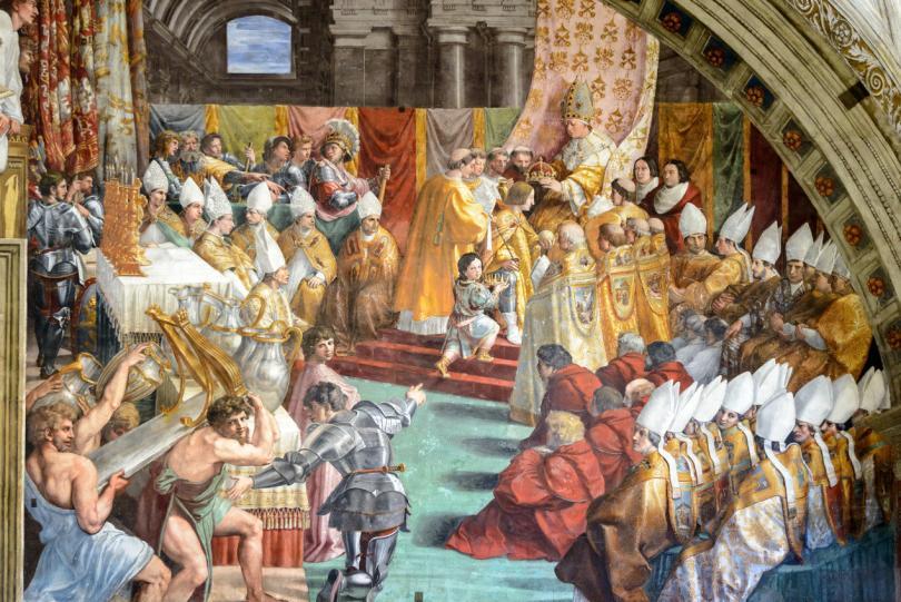 Coronation of Charlemagne in Vatican Museum, Rome, Italy. The Renaissance painting in one of the Raphael's rooms. Charlemagne in the fresco of the 16th century.