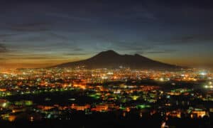 Night view of the volcano Vesuvius, the Gulf of Naples Campania Italy