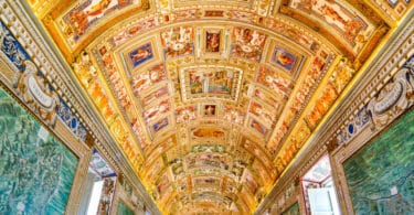Paintings on the walls and the ceiling in the Gallery of Maps, at the Vatican Museum. It was established in 1506-5