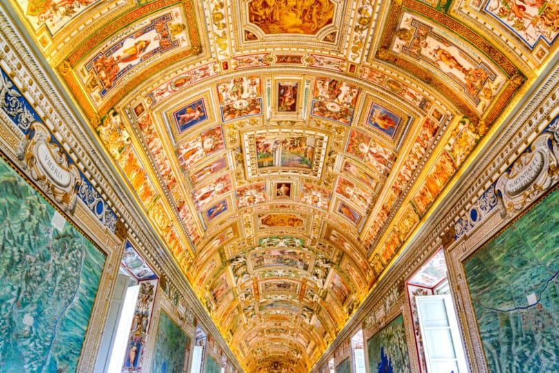 Paintings on the walls and the ceiling in the Gallery of Maps, at the Vatican Museum. It was established in 1506-5