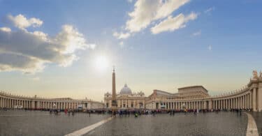 Panorama view of Saint Peter's Basilica and square on sunrise in Vatican, Italy - Vatican City Map