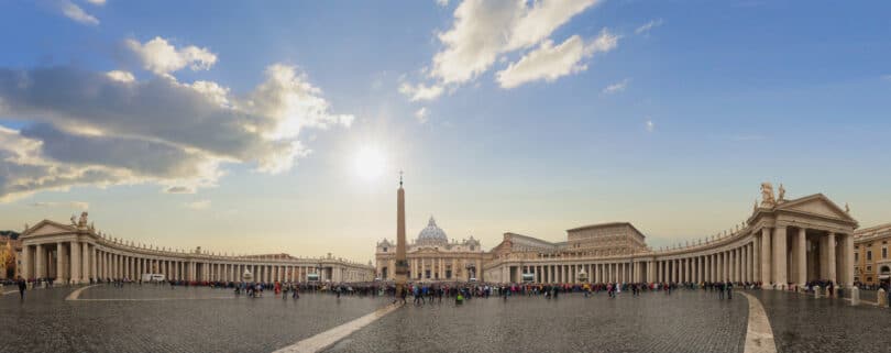 Panorama view of Saint Peter's Basilica and square on sunrise in Vatican, Italy - Vatican City Map