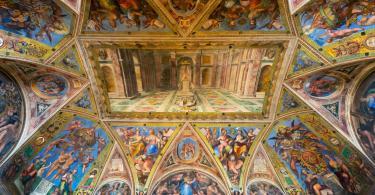The ceiling in one of the rooms of Raphael (Stanze di Raffaello) in the Vatican Museum, Rome, Italy.