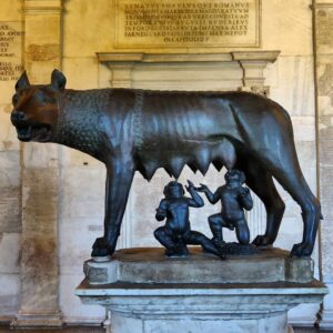 The landmark of the city the Capitoline wolf with Romulus and Remus