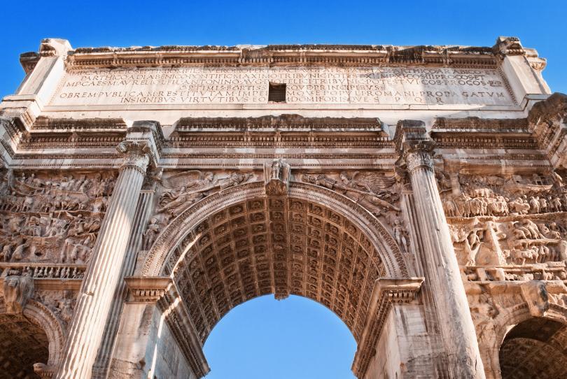 The Arch of Titus at the Forum ruins in Rome, Italy.