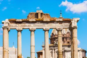Columns from Temple of Saturn in Roman Forum in Rome, Italy.