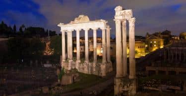 Night view of Temple of Saturn. Forum Romanum in Rome, Italy