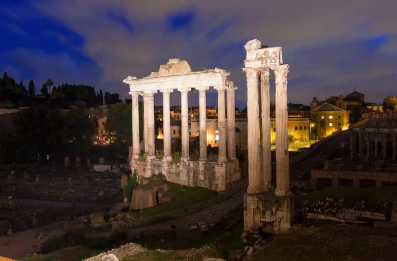 Night view of Temple of Saturn. Forum Romanum in Rome, Italy
