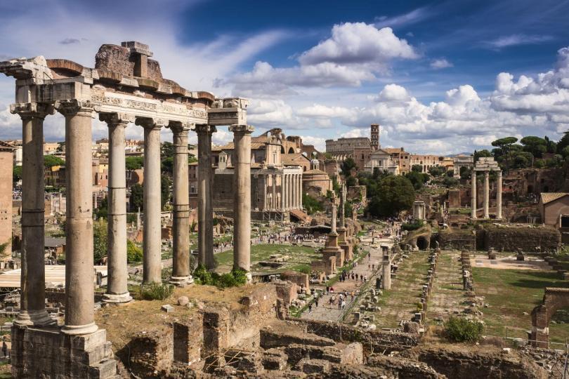 Panoramic view of the Roman Forum Foro Romano and Ruins of Septimius Severus Arch and Saturn Temple in Rome, Italy