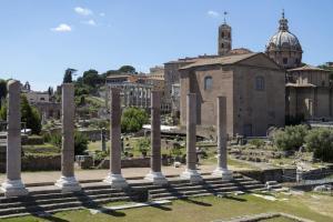 Remains of Basilica Emilia (Basilica Aemilia) in the Roman Forum in the city of Rome, Italy.