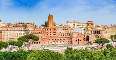 Aerial panoramic view on Trajan's Market from Altar of the Fatherland part of ancient Forum.
