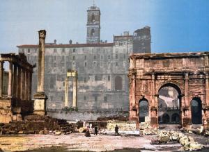 Rome, The Column of Phocas and the Arch of Septimius Severus in the Roman Forum, Rome, Italy; color photochrom ca 1890s.
