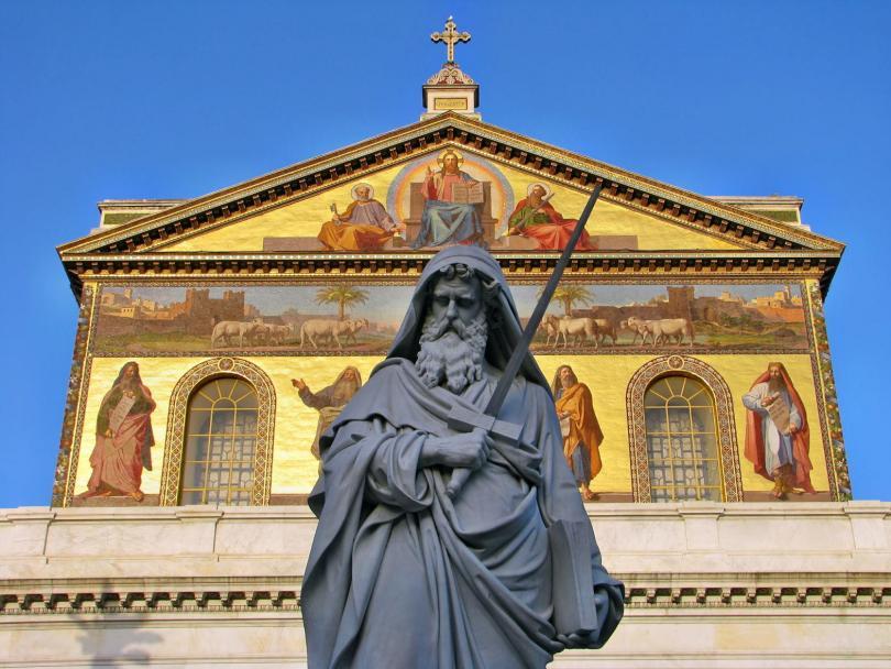 Statue of St. Paul holding a sword in Basilica of Saint Paul outside the walls
