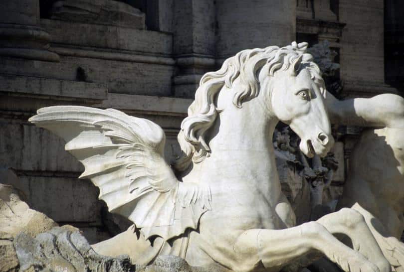 The sculptures of the Ocean and the two tritons, with the winged horses in the central part in Trevi Fountain, Rome, Italy (1)