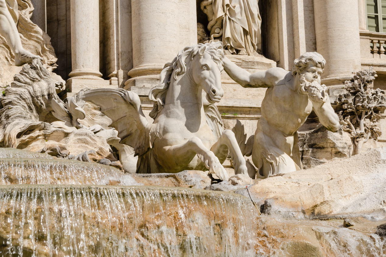 The sculptures of the Ocean and the two tritons, with the winged horses in the central part in Trevi Fountain, Rome, Italy (4)
