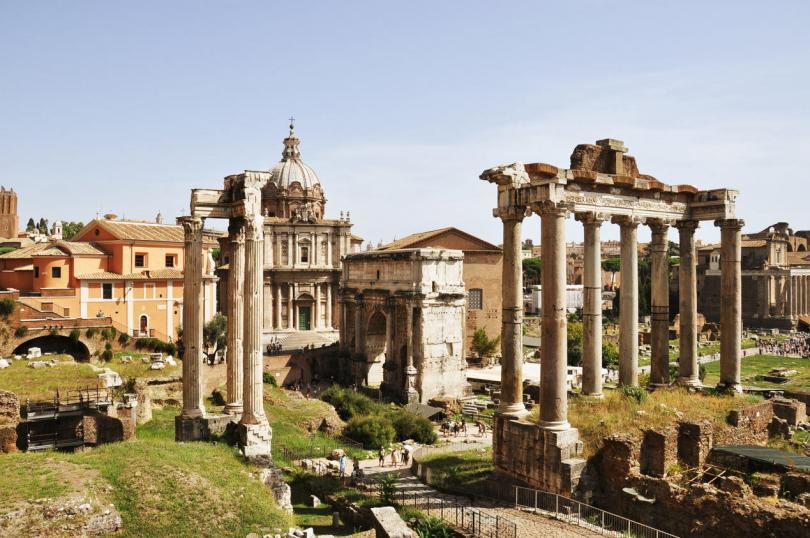 View of the roman ruins in Rome, Italy. - Temple of Saturn