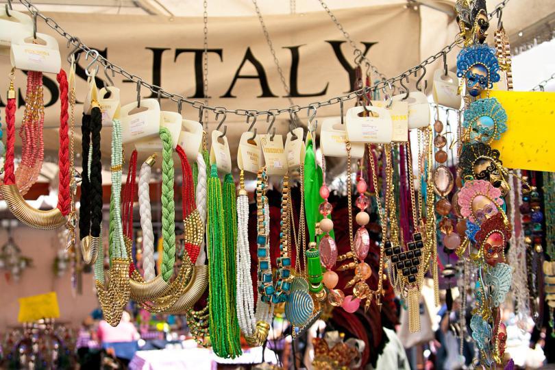 Fashion necklaces on the market Campo dei Fiori in Rome.
