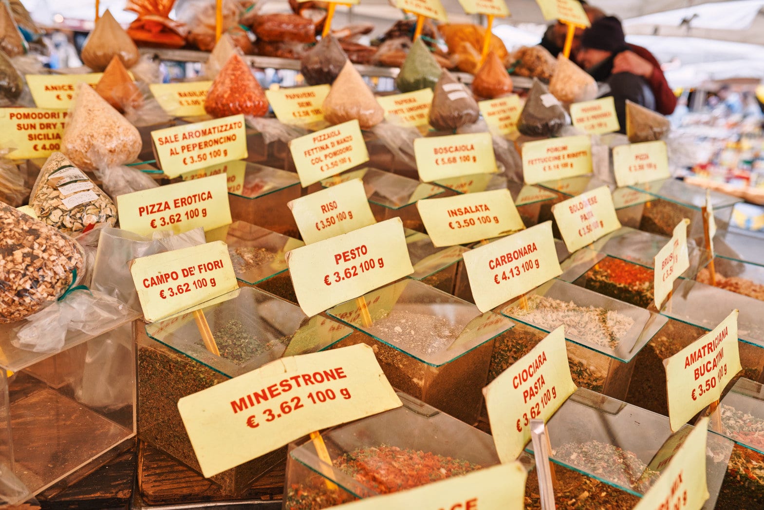 Rome, traditional outdoor food market of Campo de Fiori (fields of flower), spice stand
