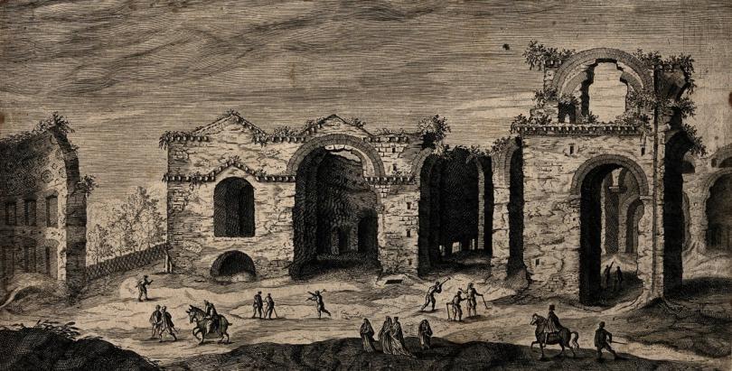 View of the Baths of Diocletian , Rome, 1575. Drawing by Etienne du Perac.