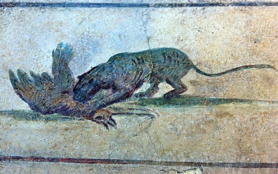 A cat killing a bird, Roman Fresco, 5th c. A.D., National Roman Museum, Rome, Italy.