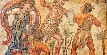 Floor mosaic depicting the struggle between Dionysus and the Indians. , 4th century AD. National Roman Museum, Rome, Italm