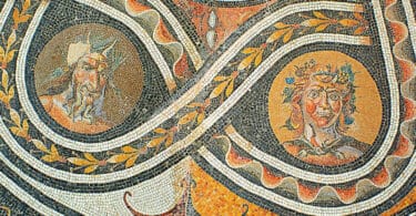 Floor mosaic with satyr heads and pan, 2th. C. A.D,National Roman Museum, Rome, Italy