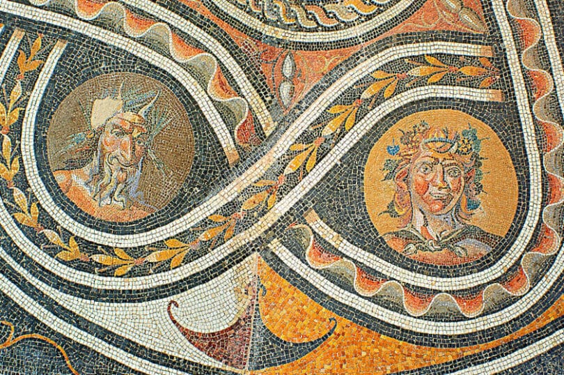 Floor mosaic with satyr heads and pan, 2th. C. A.D,National Roman Museum, Rome, Italy