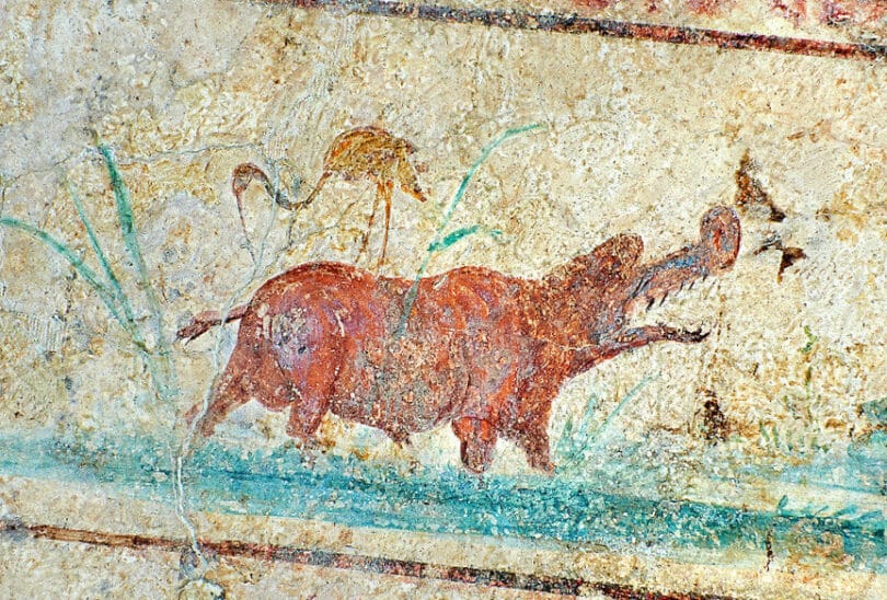 Fresco of a hippo and bird, 5th c. A.D, Rome, National Roman Museum.