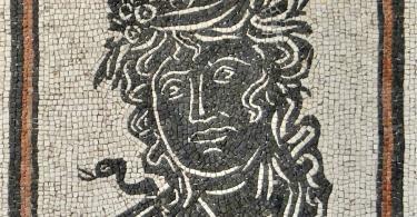 Geometric mosaic pavement with head of a season, 3th c. A.D.
