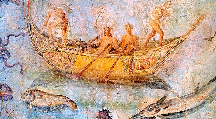 Roman Fresco with a boat decorated for a festival and marine life from the second quarter of the first century AD. ( National Roman Museum), Rom