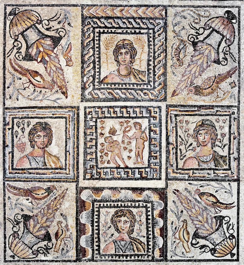 Roman mosaic floor panes depicting the seasons. 5th century AD.