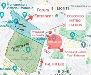 Google Maps - Map showing entrances and exits to the Colosseum, Roman Forum and Palatine Hill.