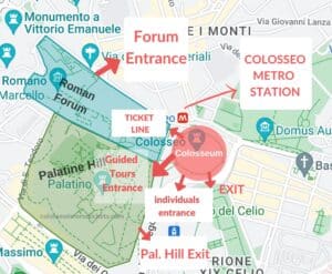 Google Maps – Map showing entrances and exits to the Colosseum, Roman Forum and Palatine Hill.
