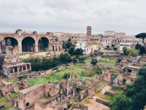 Aerial panoramic view of the Roman Forum ruins seen from Palatine Hill in Rome, Italy.
