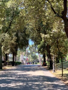 Shaded tree-lined path in Rome’s Villa Borghese gardens.